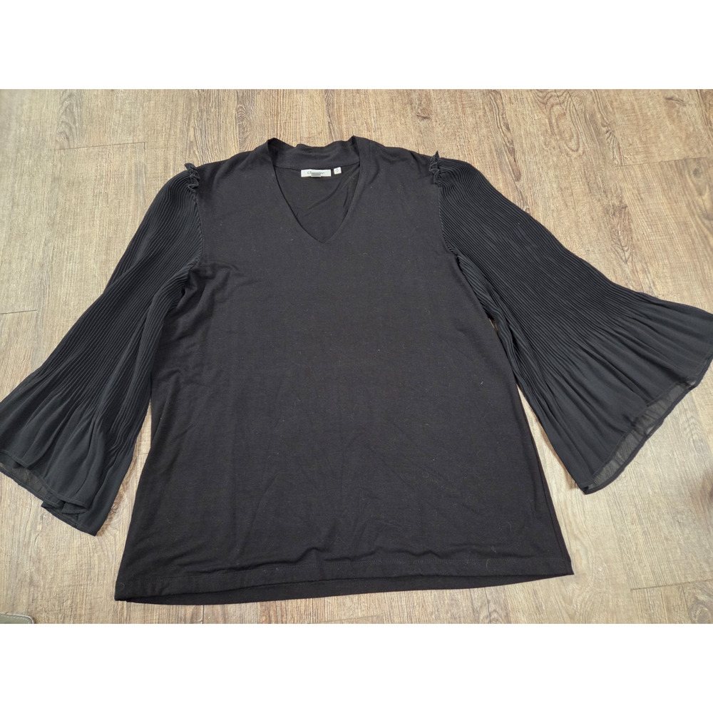 Chico's Black Blouse Sheer Pleat Flowy Sleeves Tee V Neck Size 2 - Large Shirt